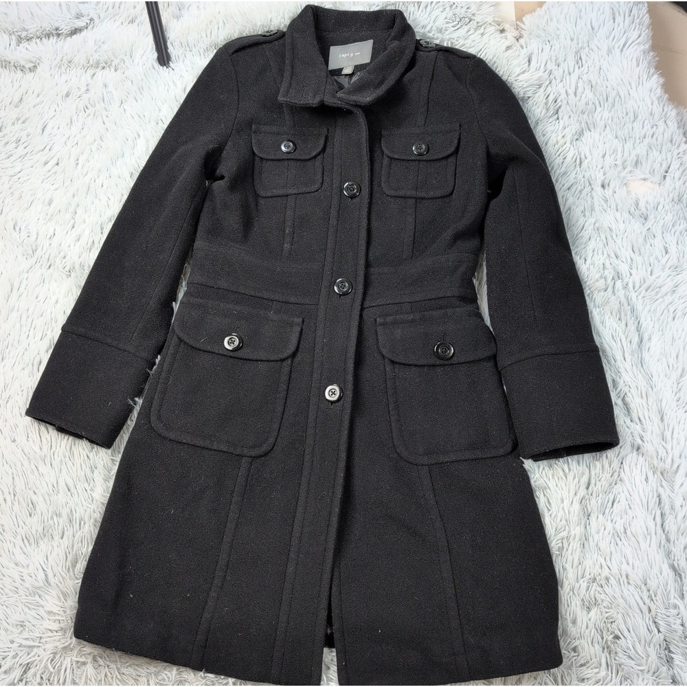 Apt. 9 Jacket Womens S Black Wool Blend Trench Coat Button Up Pockets Soft Warm